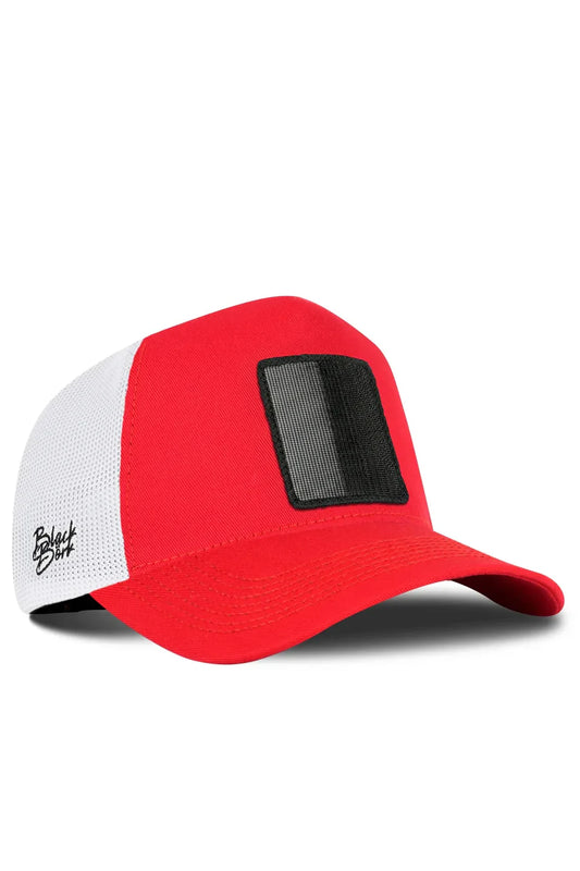 BlackBörk® Trucker Cap Rot Weiß – Austauschbarer Klett-Patch | Snapback Unisex